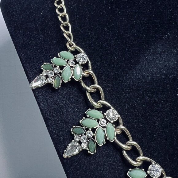 Gold Tone, Faceted Two Tone Green And Clear Rhinestone Statement Necklace (5554) - Picture 3 of 6